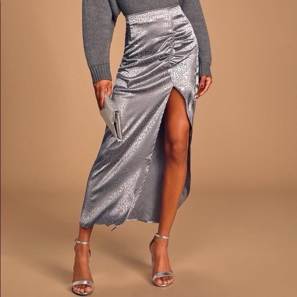 Sage the Label S Long Skirt Side Slit Gray Cheetah Pattern Rouche Front